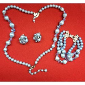 Blue Beads Pearl Necklace, Bracelet & Earrings Set
